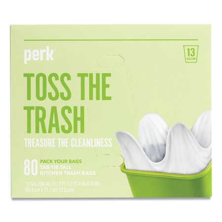 Perk 13 gal Trash Bags, 28 in x 24 in, Regular-Duty, .9 Mil, White, 80 PK PK56749